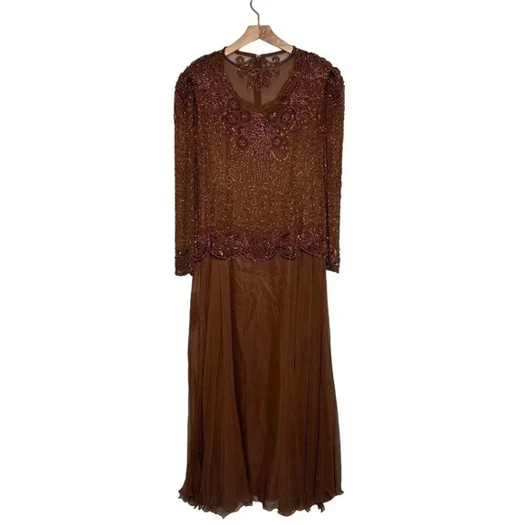 Alexis Womens 18 Elegant brown long sleeve silk beaded upper formal dress‎ NEW - Picture 5 of 10
